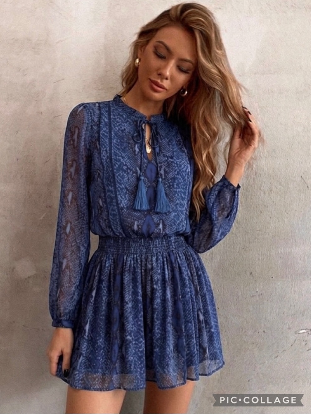 Banana Republic Blue Snakeskin Print Long Sleeve Blouson Mini Dress XSP Boho